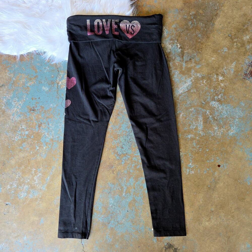 Vintage Y2K Victoria's Secret Love VS Foldover Yoga Pants Leggings Size L Black